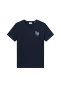 Marineblaue Baumwoll-T-Shirt mit kurzen Ärmeln und rundem Halsausschnitt. Mit einem kleinen gestickten Logo auf der linken Brust in Hellblau.