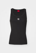 Schwarzes Tanktop aus Baumwolle mit rundem Ausschnitt und ohne Ärmel. Mit weißem "HUGO"-Logo in der Mitte. Einfaches und tailliertes Design.