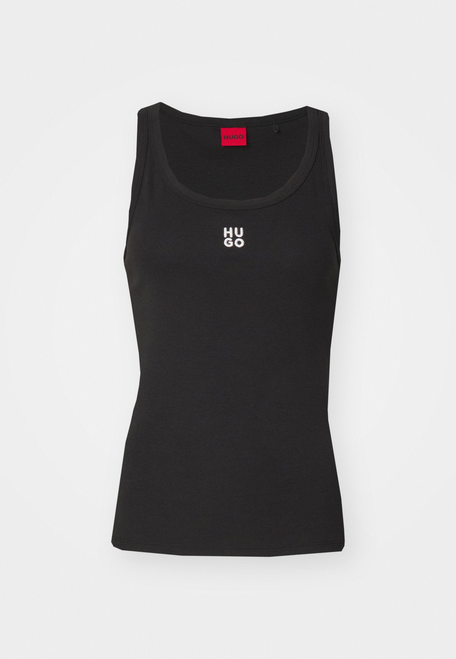Schwarzes Tanktop aus Baumwolle mit rundem Ausschnitt und ohne Ärmel. Mit weißem "HUGO"-Logo in der Mitte. Einfaches und tailliertes Design.