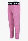 Rosa Sportleggings mit einem schwarzen elastischen Bund, der "NIKE PRO" zeigt. Enthält ein weißes Nike-Logo und Steppnähte.