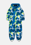 Blauer und weißer wasserabweisender Overall mit neongelben Akzenten, ausgestattet mit einer Kapuze, elastischen Bündchen und einem abstrakten Pinselstrichmuster.