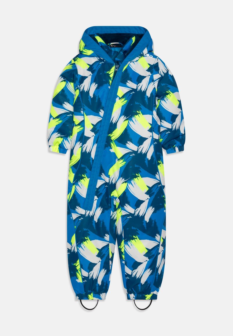 Blauer und weißer wasserabweisender Overall mit neongelben Akzenten, ausgestattet mit einer Kapuze, elastischen Bündchen und einem abstrakten Pinselstrichmuster.