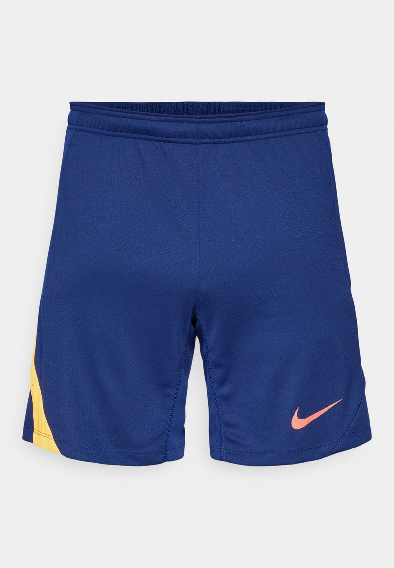 Marineblaue Sportshorts mit gelbem seitlichem Detail und pinkem Nike Swoosh-Logo am rechten Bein, elastischer Bund.
