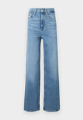 Hochgeschnittene, weit geschnittene Jeans aus hellblauem Denim mit einem dezenten Verblassen. Verfügt über ein traditionelles Fünf-Taschen-Design und kontrastierende Nähte.