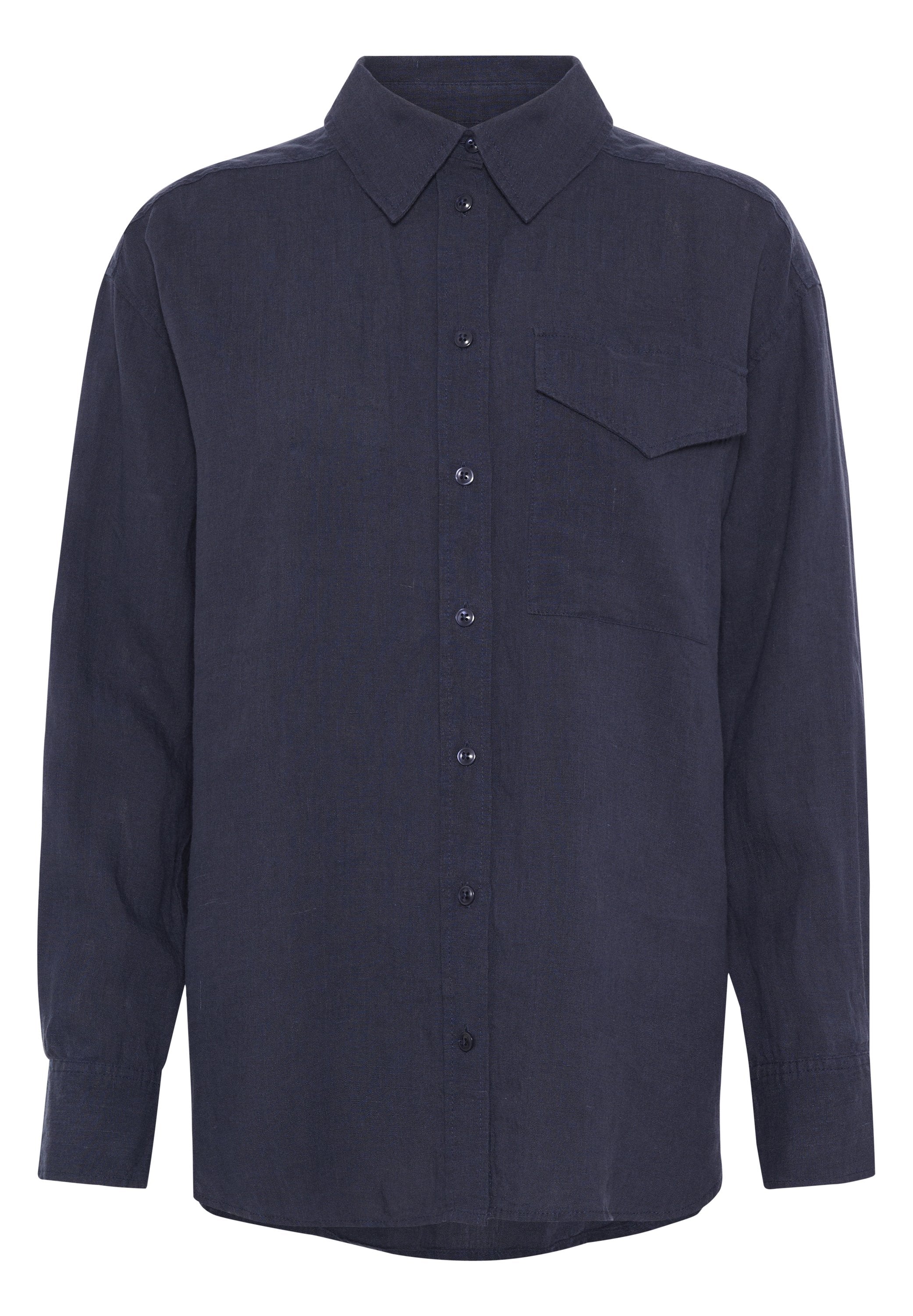 Marineblaues Button-Down-Hemd aus Leinen mit langen Ärmeln, einem klassischen Kragen und einer Brusttasche, mit einer schlichten Textur und normaler Passform.