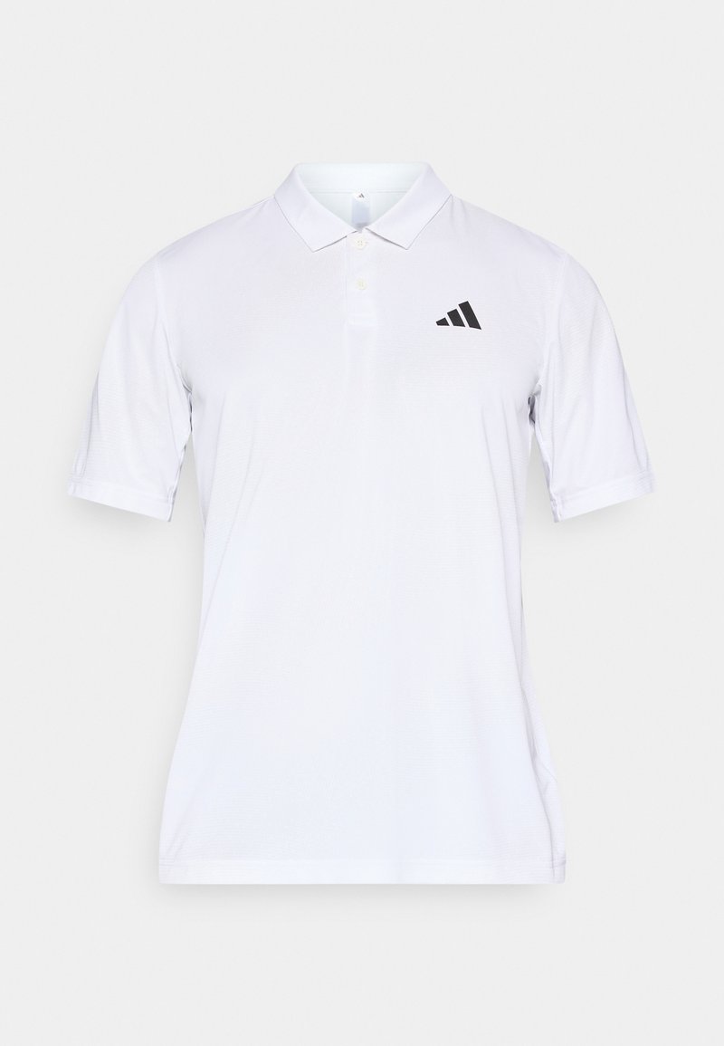 Weißes Polohemd aus glattem Stoff, mit klassischem Kragen, kurzen Ärmeln und einem schwarzen Adidas-Logo auf der linken Brust.