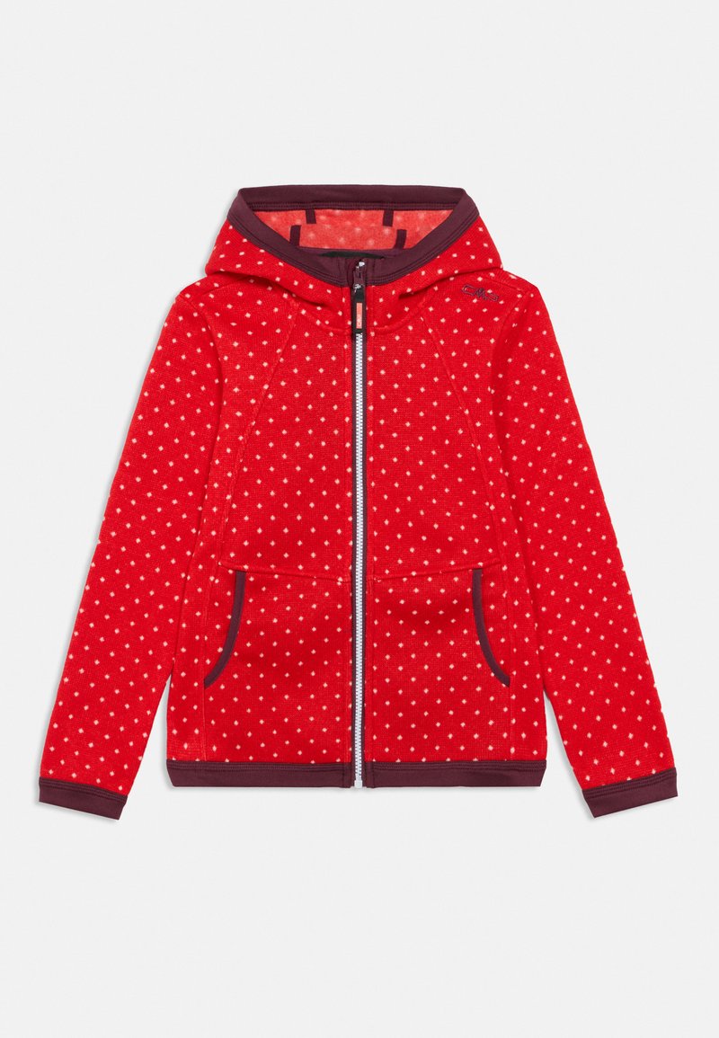 Roter Fleece-Kapuzenpullover mit Reißverschluss, verziert mit weißen Polka-Dots, verstellbarer Kapuze, dunklen Akzenten und zwei Fronttaschen mit gerippten Bündchen und Saum.