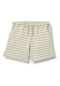Gestreifte beige Shorts mit hellblauen und braunen Streifen, elastischem Bund mit Kordelzug, Seitentaschen, weichem Baumwollmaterial und sportivem Design.