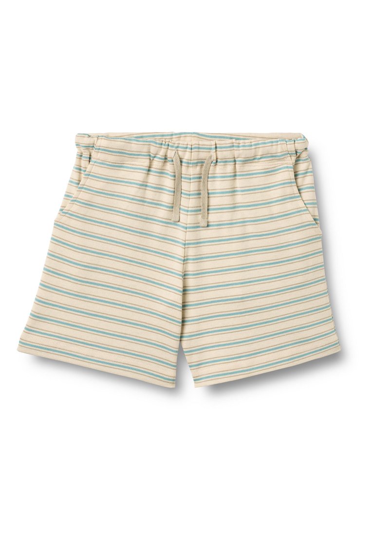 Gestreifte beige Shorts mit hellblauen und braunen Streifen, elastischem Bund mit Kordelzug, Seitentaschen, weichem Baumwollmaterial und sportivem Design.