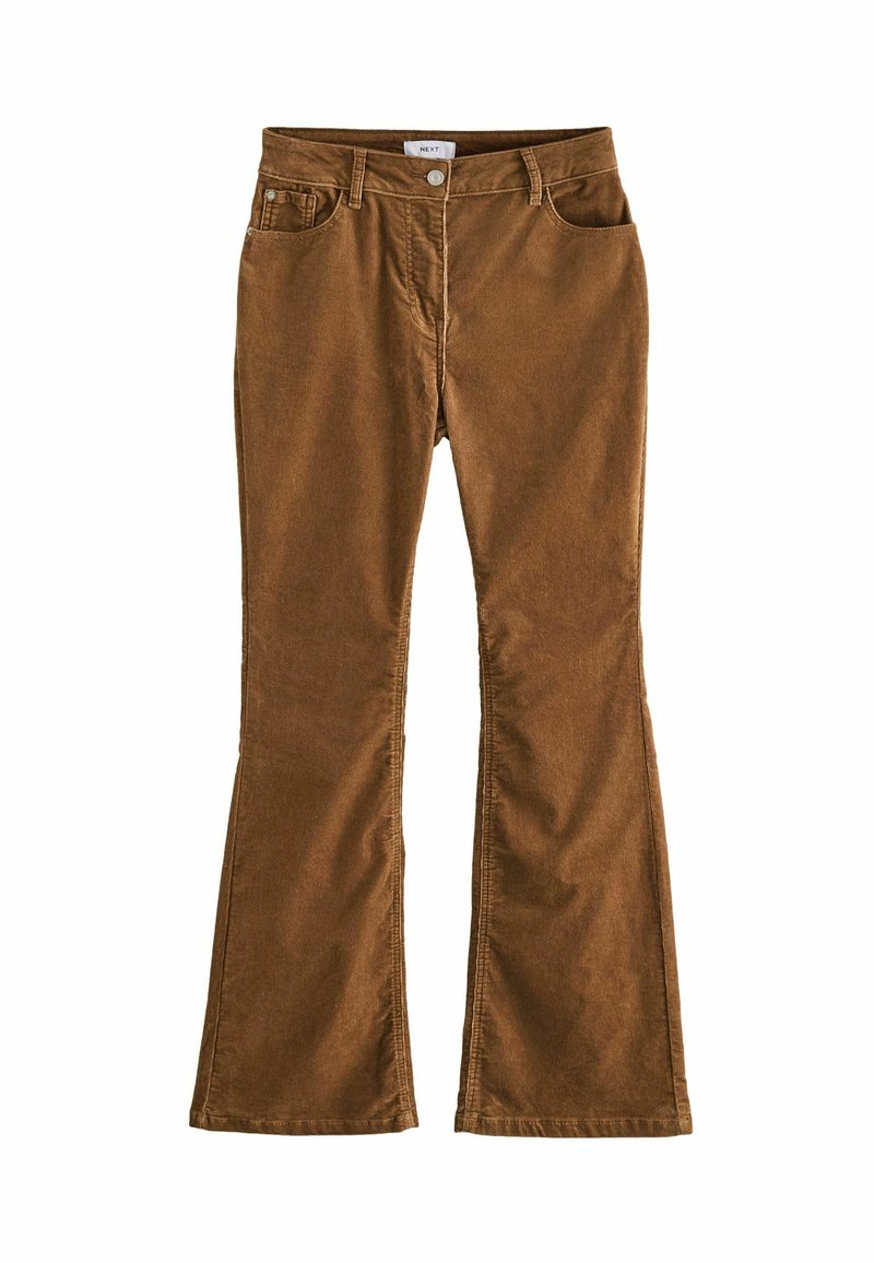 Braune Cord-Hosen mit Schlag, Knopfverschluss und Fronttaschen. Weiche Textur mit strapazierfähiger Oberfläche. Der Saum weitet sich nach unten.