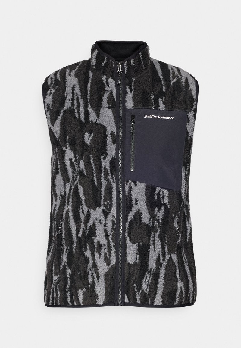 Fleece-Weste in Schwarz und Grau mit einem gemusterten Textur. Verfügt über einen hohen Kragen, einen Reißverschluss vorne und eine einfarbige schwarze Brusttasche mit Reißverschluss.