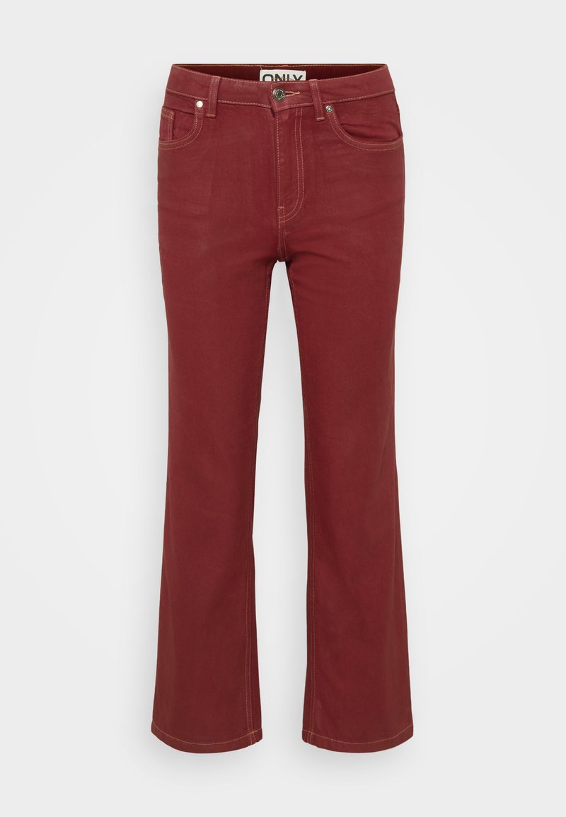 Bordeauxfarbene Glockenjeans mit klassischem Design, ausgestattet mit fünf Taschen, einem Knopfverschluss und kontrastierenden Nähten für zusätzliche Details.