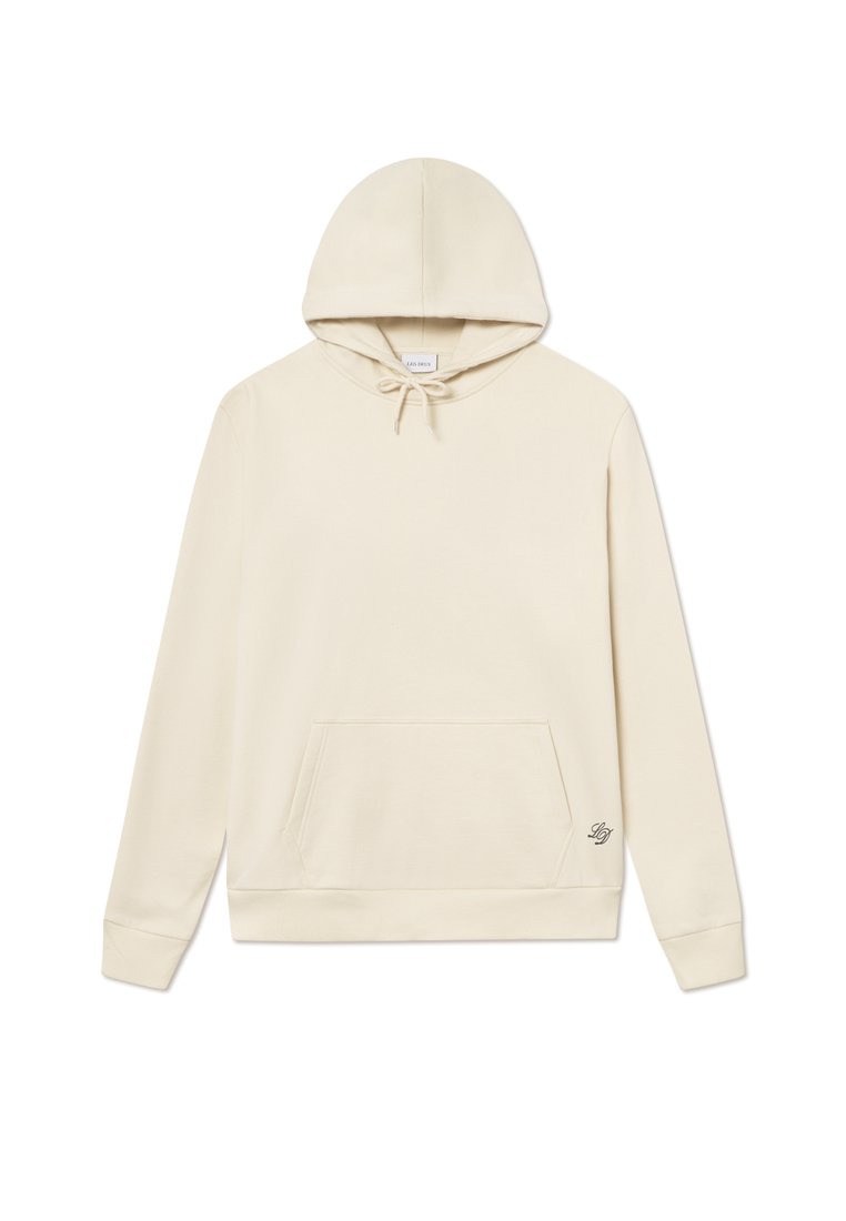 Helle Kapuzenpullover aus weichem Stoff mit einer Kängurutasche und einem kleinen gestickten Logo unten rechts.