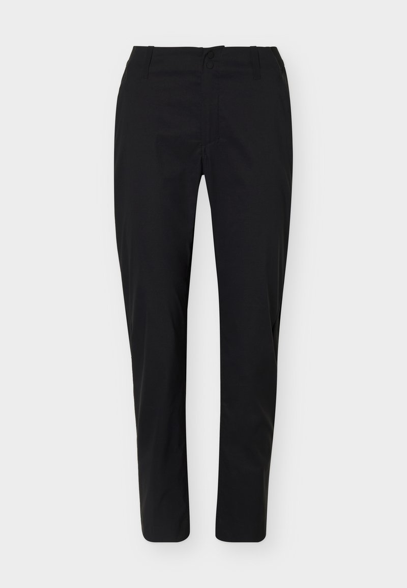 Schwarze, maßgeschneiderte Slim-Fit-Hose mit Gürtelschlaufen und vorderem Knopfverschluss, flach auf einem weißen Hintergrund dargestellt.