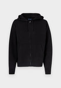 Schwarzer Kapuzenpullover zum Reißverschluss aus weichem Baumwollmischgewebe. Mit Kordelzugkapuze, Fronttaschen sowie gerippten Bündchen und Saum.