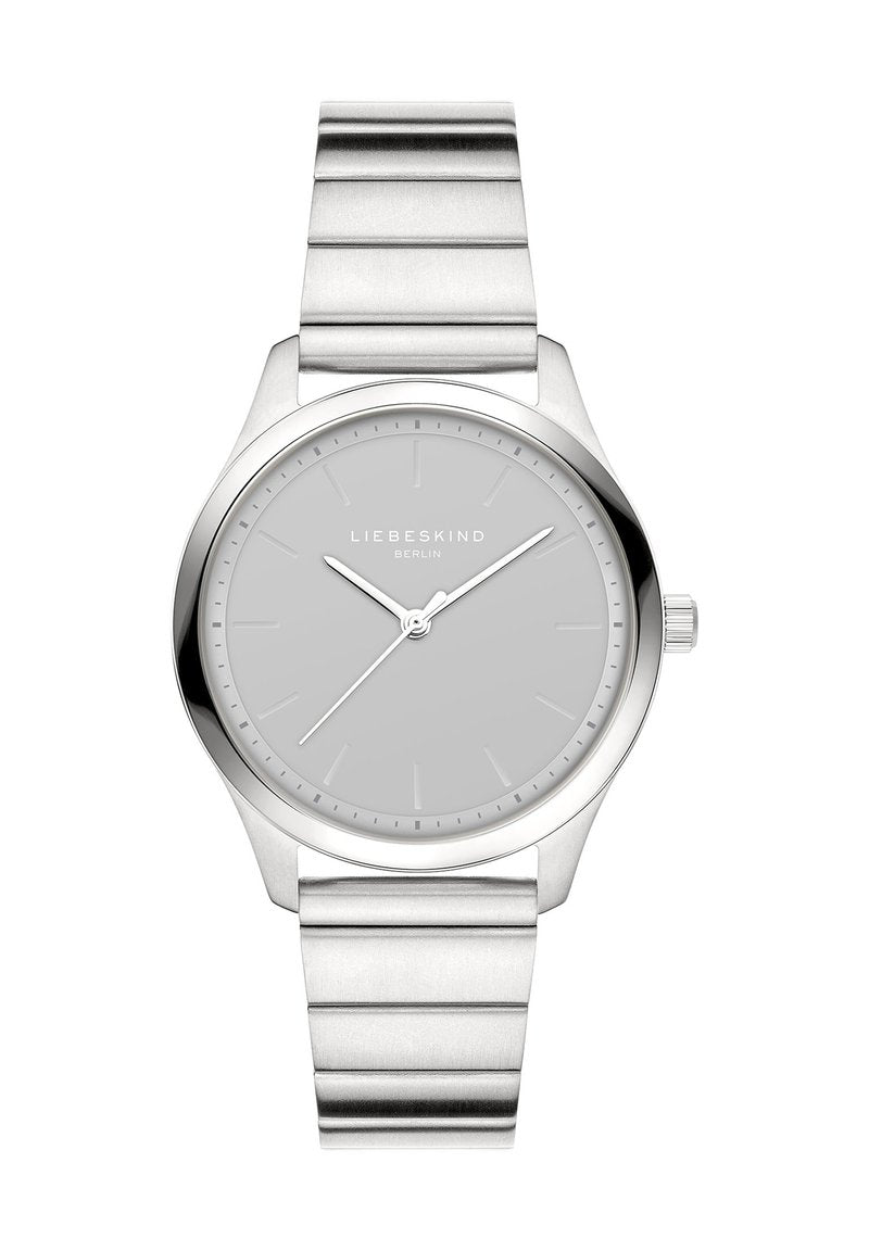 Silberne Metallarmbanduhr mit einem runden grauen Zifferblatt, minimalistischen Stundenmarkierungen und einem eleganten, gebürsteten Metallband mit strukturierten Gliedern.