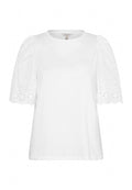 Weißes T-Shirt mit kurzen Puffärmeln, das über eine Broderie-Anglaise-Verzierung entlang der Ärmelränder verfügt. Einfacher runder Ausschnitt und lockere Passform.