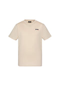 Beige Baumwoll-T-Shirt mit rundem Halsausschnitt, kurzen Ärmeln und einem kleinen dunkelblauen "Schott"-Logo auf der linken Brustseite.