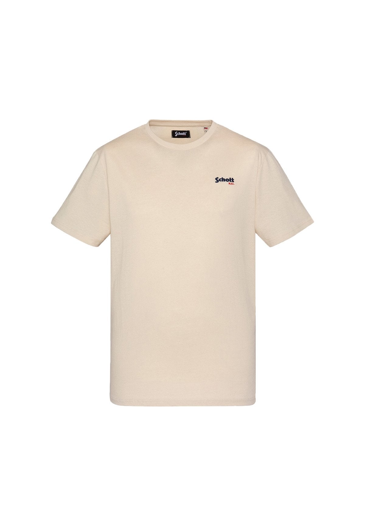Beige Baumwoll-T-Shirt mit rundem Halsausschnitt, kurzen Ärmeln und einem kleinen dunkelblauen "Schott"-Logo auf der linken Brustseite.