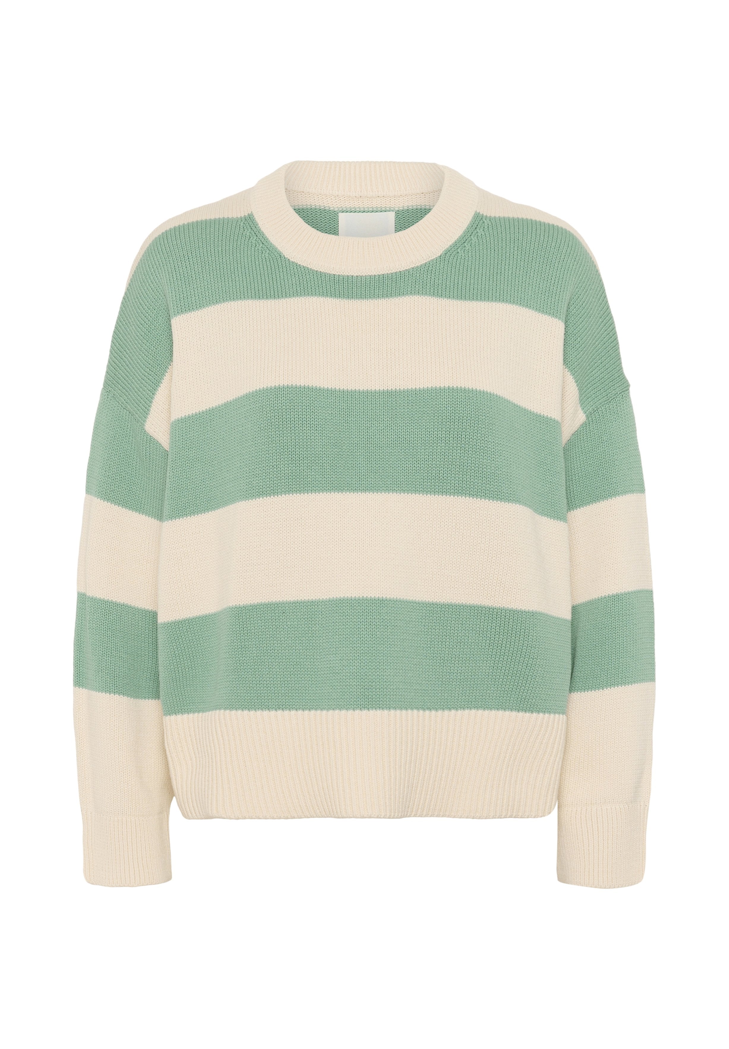 Gestreifter Pullover in Pastellgrün und Creme, aus Strickstoff. Verfügt über einen Rundhalsausschnitt, einen lockeren Schnitt und ribbelige Ärmelbündchen.