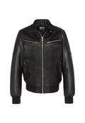 Schwarze Lederjacke mit gerippten Bündchen und Bund, Reißverschluss vorne und Taschen, glatter Textur und Schulterdetail. Markenlogo innen.