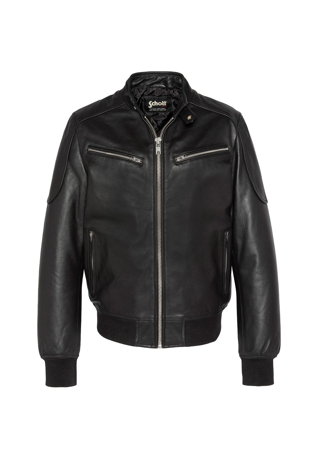 Schwarze Lederjacke mit gerippten Bündchen und Bund, Reißverschluss vorne und Taschen, glatter Textur und Schulterdetail. Markenlogo innen.