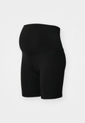 Schwarze Stillshorts, gefertigt aus dehnbarem Material. Mittelhoher Bund mit nahtlosem Design, ausgestattet mit Seitentaschen. Glatte Textur.