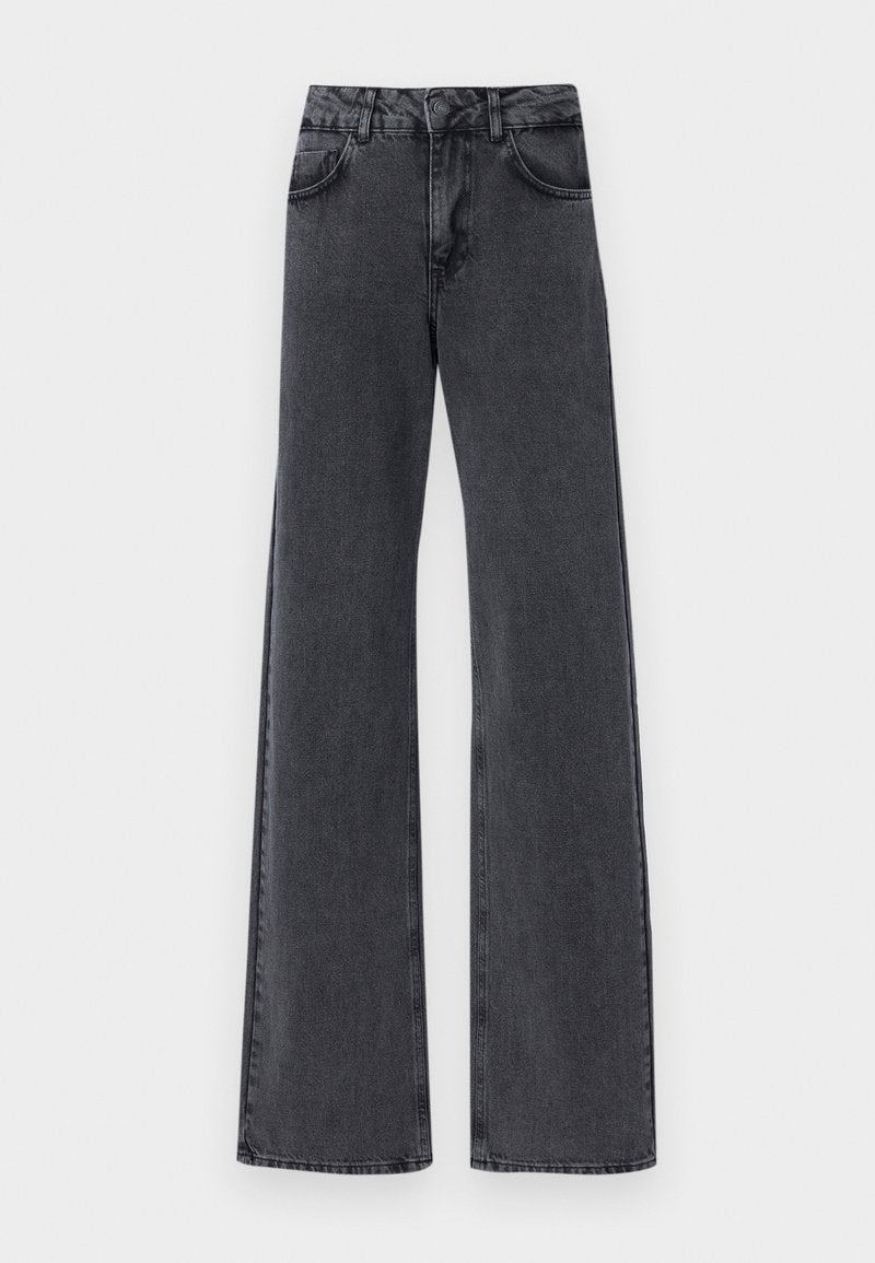 Schwarze Denim Schlagjeans mit hoher Taille, ausgestattet mit zwei Vorderaschen und dezenten Steppdetails entlang der Nähte.