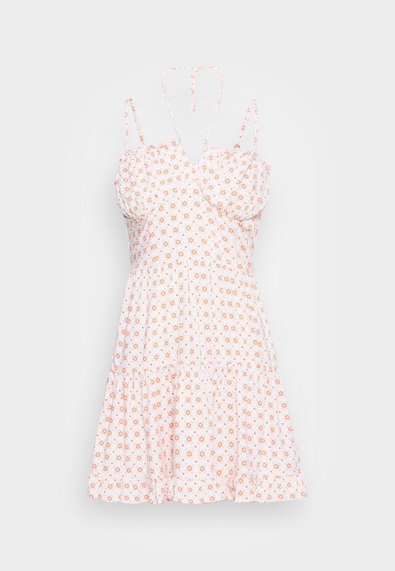 Weißes Kleid mit kleinen orangefarbenen Blumenmustern, dünnen verstellbaren Trägern, einem taillierten Oberteil und einem geschichteten, ausgestellt Rock. Leichter Stoff.