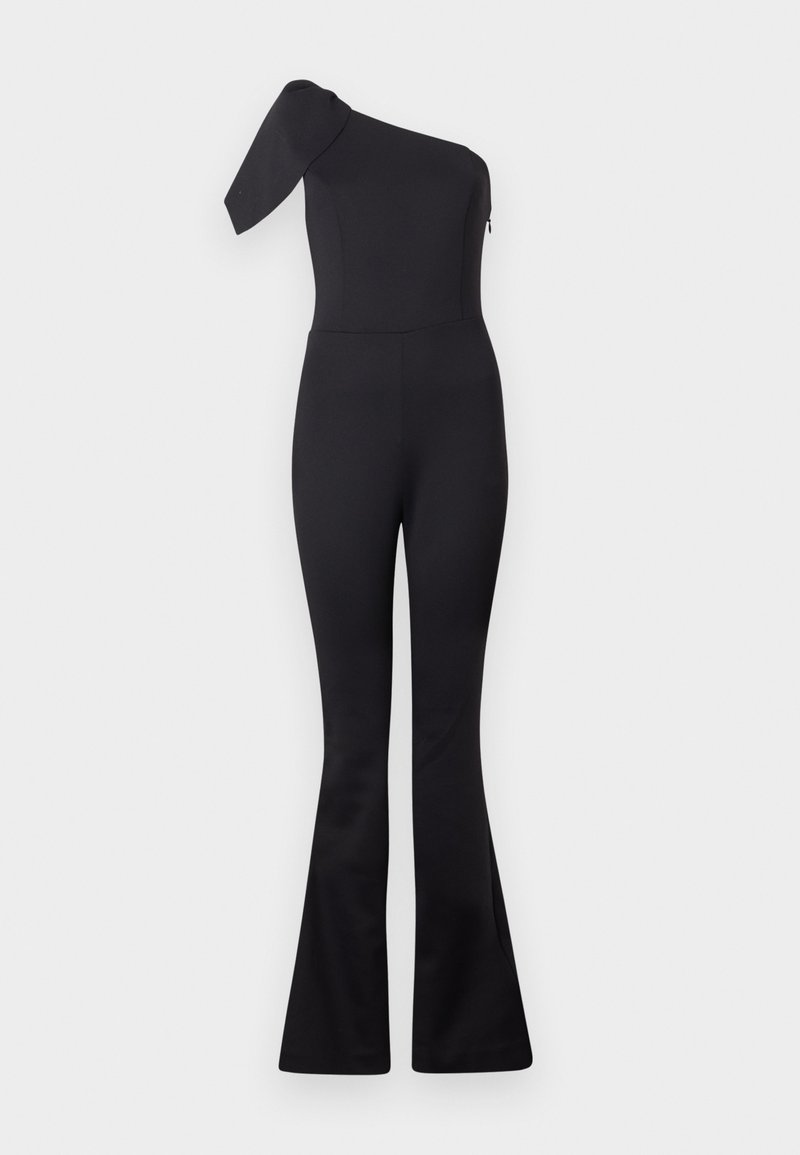 Schwarzer Ein-Schulter-Jumpsuit mit tailliertem Oberteil, ausgestellten Beinen und einem asymmetrischen Ärmel auf der linken Seite.