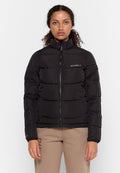 Schwarze Daunenjacke mit hohem Kragen, ausgestattet mit einem Reißverschluss auf der Vorderseite, horizontalem Steppdesign und O'Neill-Logo auf der Brust.