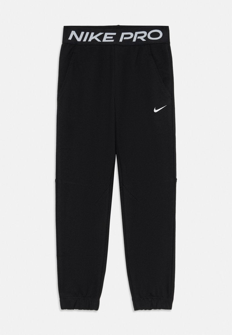 Schwarze Sporthose mit elastischem Bund, beschriftet mit "NIKE PRO", Seitentaschen, weißem Nike-Swoosh am Oberschenkel und elastischen Bündchen an den Knöcheln.