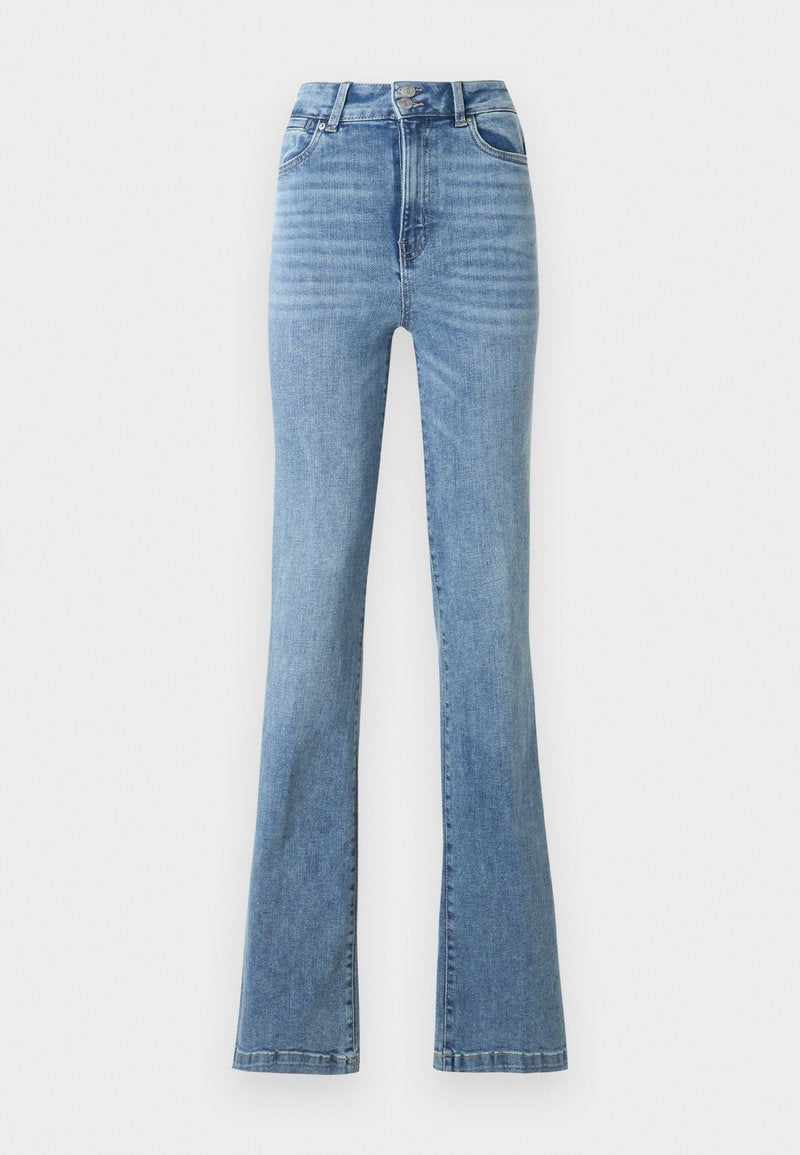 Hoch taillierte hellblaue Jeans aus Denim mit Doppelknopfverschluss, klassischem Fünf-Taschen-Design und leicht ausgestellten Beinen.