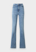 Hoch taillierte hellblaue Jeans aus Denim mit Doppelknopfverschluss, klassischem Fünf-Taschen-Design und leicht ausgestellten Beinen.