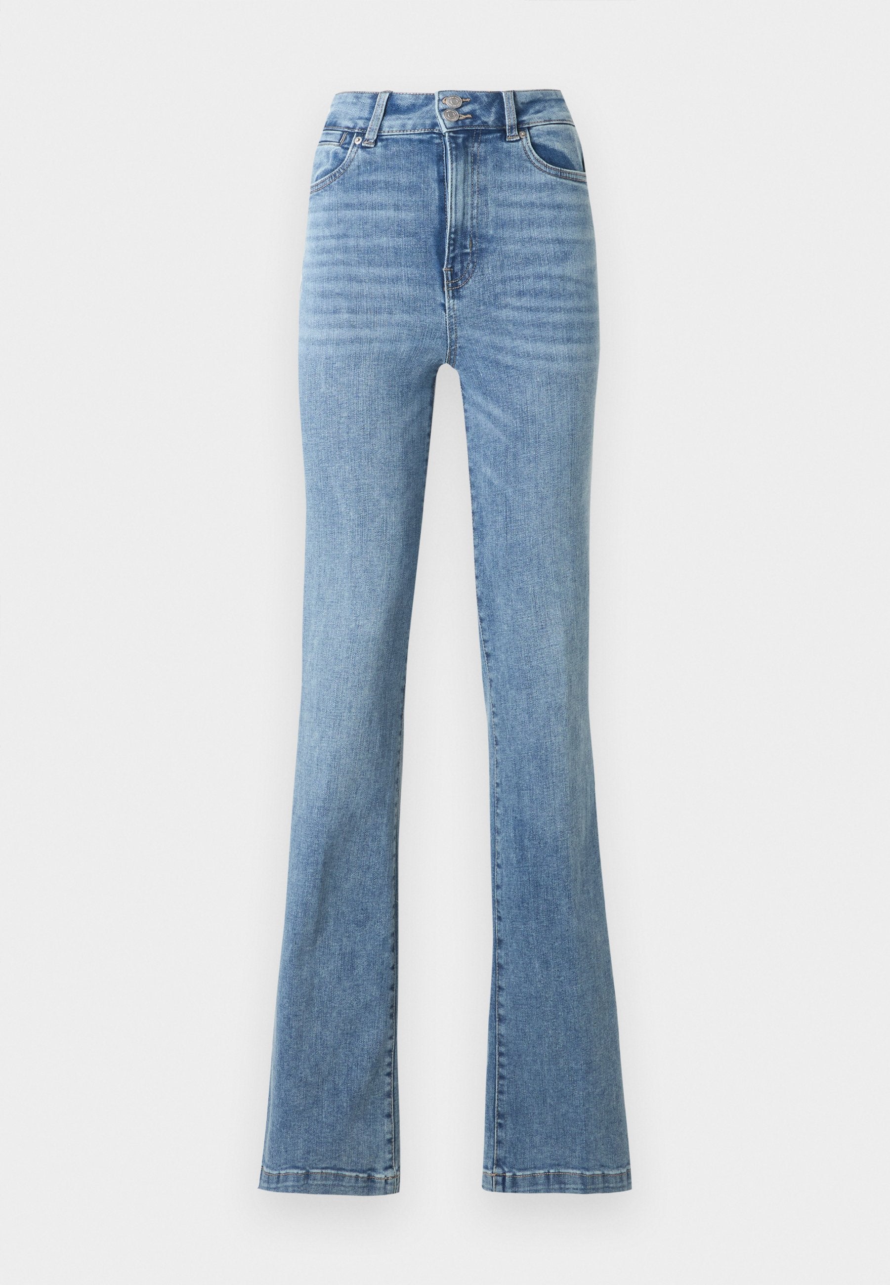 Hoch taillierte hellblaue Jeans aus Denim mit Doppelknopfverschluss, klassischem Fünf-Taschen-Design und leicht ausgestellten Beinen.