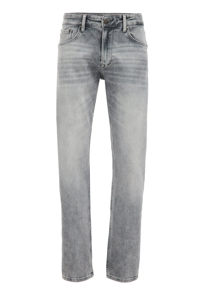 Hellgraue Denim-Jeans mit geradem Bein, Fünf-Taschen-Design, dezenten Waschungen und einem klassischen Reißverschluss mit Knopfverschluss.