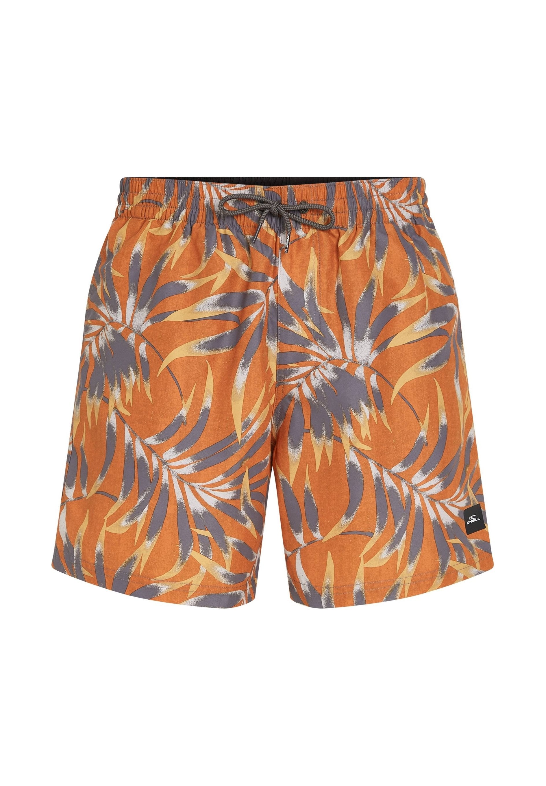Orange Badehosen mit einem tropischen Blattmuster in Grau und Gelb. Elastischer Bund mit Kordelzug und einem seitlichen Logo-Patch.