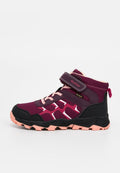 Bordeauxfarbene Wanderschuhe mit rosa Akzenten, ausgestattet mit einem Klettverschluss, einem strukturierten Synthetik-Obermaterial und einer Gummisohle für besseren Halt.