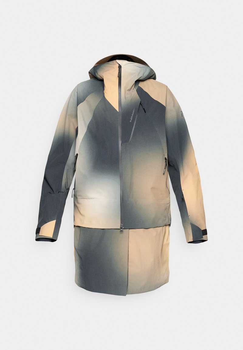 Wasserdichte Jacke in Grautönen und Beige, mit Kapuze, Reißverschluss vorne und Taschen, sowie einem Farbverlauf-Design.