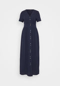 Dunkelblaues Maxikleid mit kurzen Ärmeln, V-Ausschnitt, Taillennaht und Knopfverschluss. Hergestellt aus leichtem Stoff mit einem fließenden Schnitt.