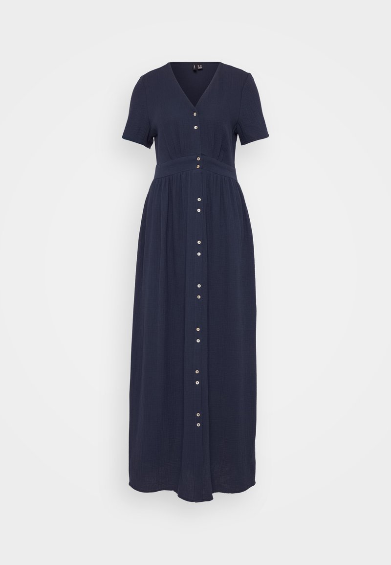 Dunkelblaues Maxikleid mit kurzen Ärmeln, V-Ausschnitt, Taillennaht und Knopfverschluss. Hergestellt aus leichtem Stoff mit einem fließenden Schnitt.
