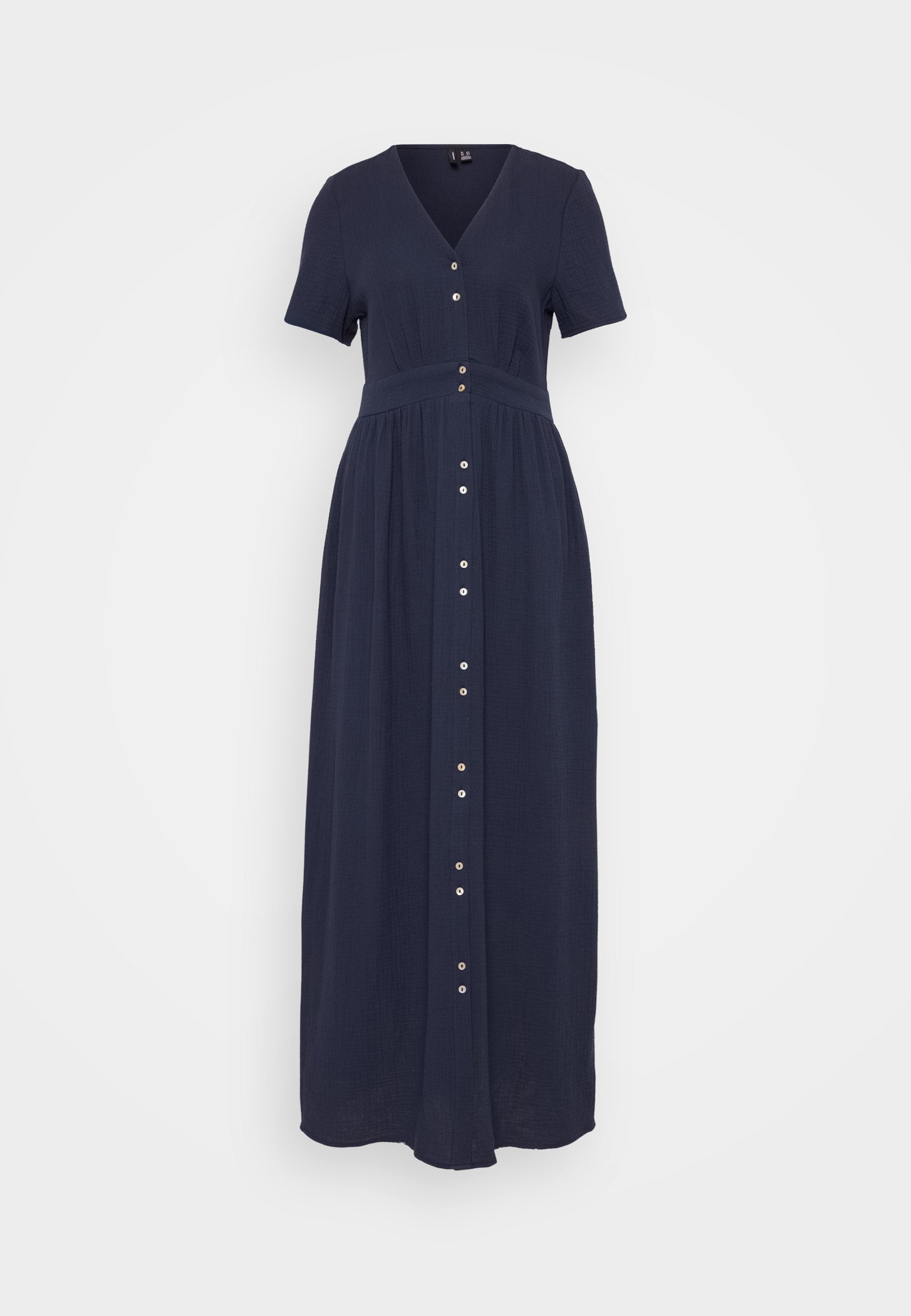 Dunkelblaues Maxikleid mit kurzen Ärmeln, V-Ausschnitt, Taillennaht und Knopfverschluss. Hergestellt aus leichtem Stoff mit einem fließenden Schnitt.