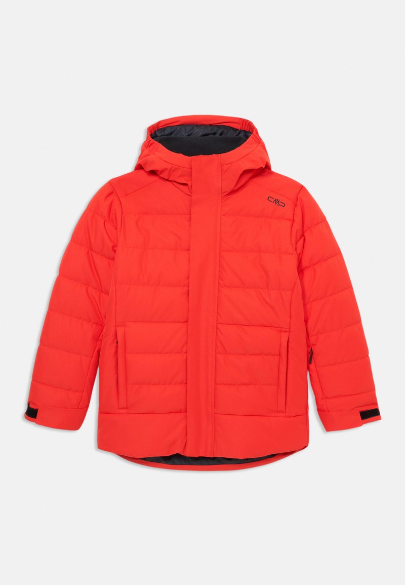 Rote gepolsterte Jacke mit Kapuze, ausgestattet mit einem Reißverschluss, zwei seitlichen Taschen und schwarzen Bündchen. Glatte Oberfläche mit gesteppter Optik.