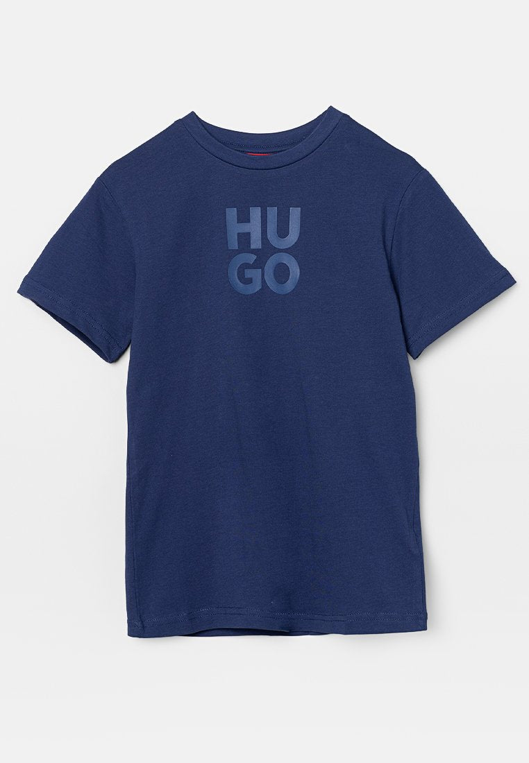 Marineblaue kurzärmelige Baumwoll-T-Shirt mit dem "HUGO"-Logo in einem helleren Blau, runder Ausschnitt und normaler Passform.