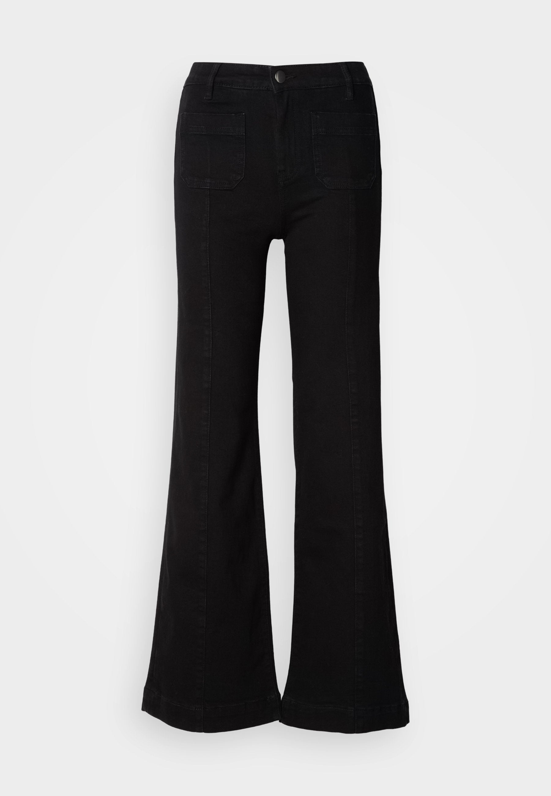 Schwarze Schlagjeans mit mittelhohem Bund, zwei Gesäßtaschen und strukturiertem Denim-Gewebe. Sauberes Design mit tailliertem Schnitt.