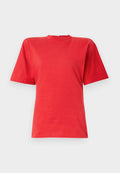 Kurze Ärmel rot T-Shirt aus glattem Stoff, mit Rundhalsausschnitt und lockerer Passform. Einfaches Design ohne Muster oder Akzente.