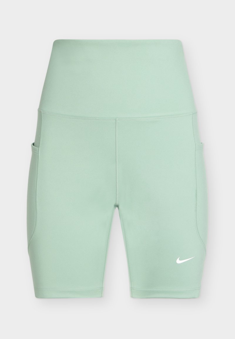 Hellgrüne, hoch taillierte Sportshorts mit seitlichen Taschen und weißem Nike-Logo am linken Bein.