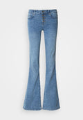 Ausgestellte blaue Jeans aus Denim mit hoher Taille und fünf Knöpfen zum Schließen. Verfügt über Vordertaschen und eine ausgewaschene Waschung.