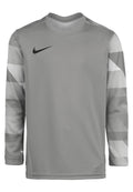Graues Langarm-Trainingsshirt mit gestreiften grauen Akzenten an den Ärmeln, ausgestattet mit einem schwarzen Nike-Logo auf der oberen linken Brust.