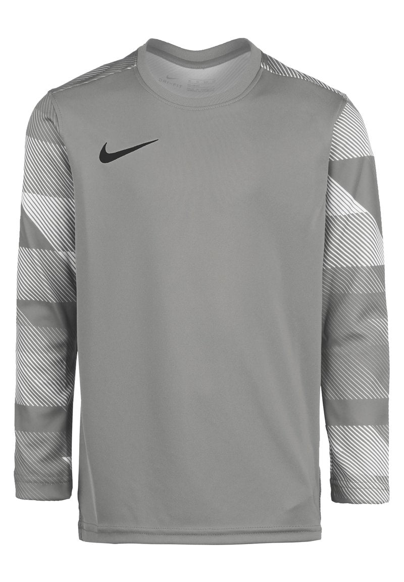 Graues Langarm-Trainingsshirt mit gestreiften grauen Akzenten an den Ärmeln, ausgestattet mit einem schwarzen Nike-Logo auf der oberen linken Brust.